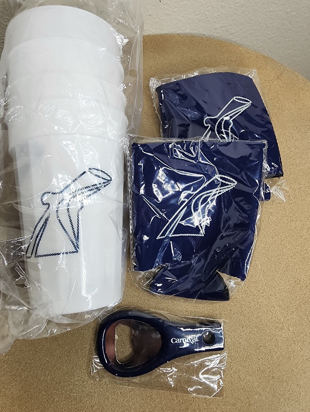 NWT Carnival Cruise Line Cups, Koozies, Bottle Opener
